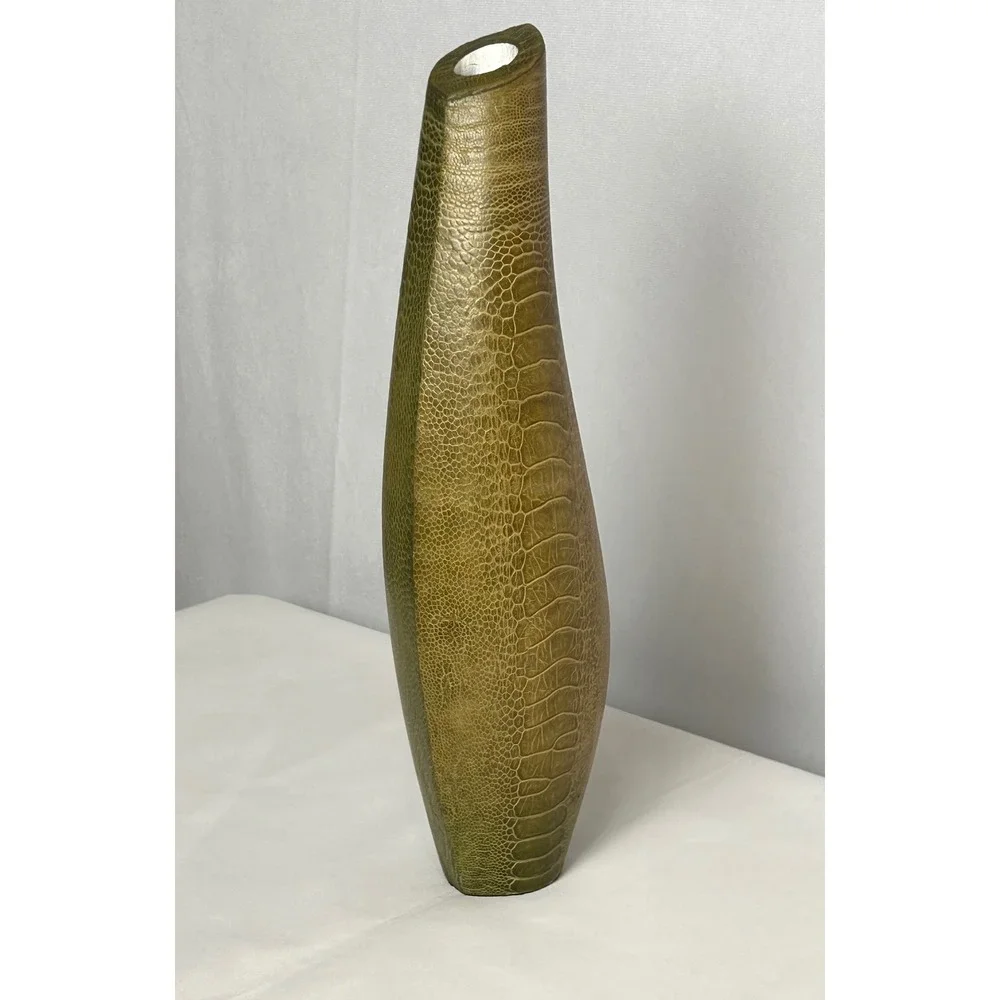 R & Y Augousti Paris Exotic Reptile Embossed Leather Texture Green Curved Vase